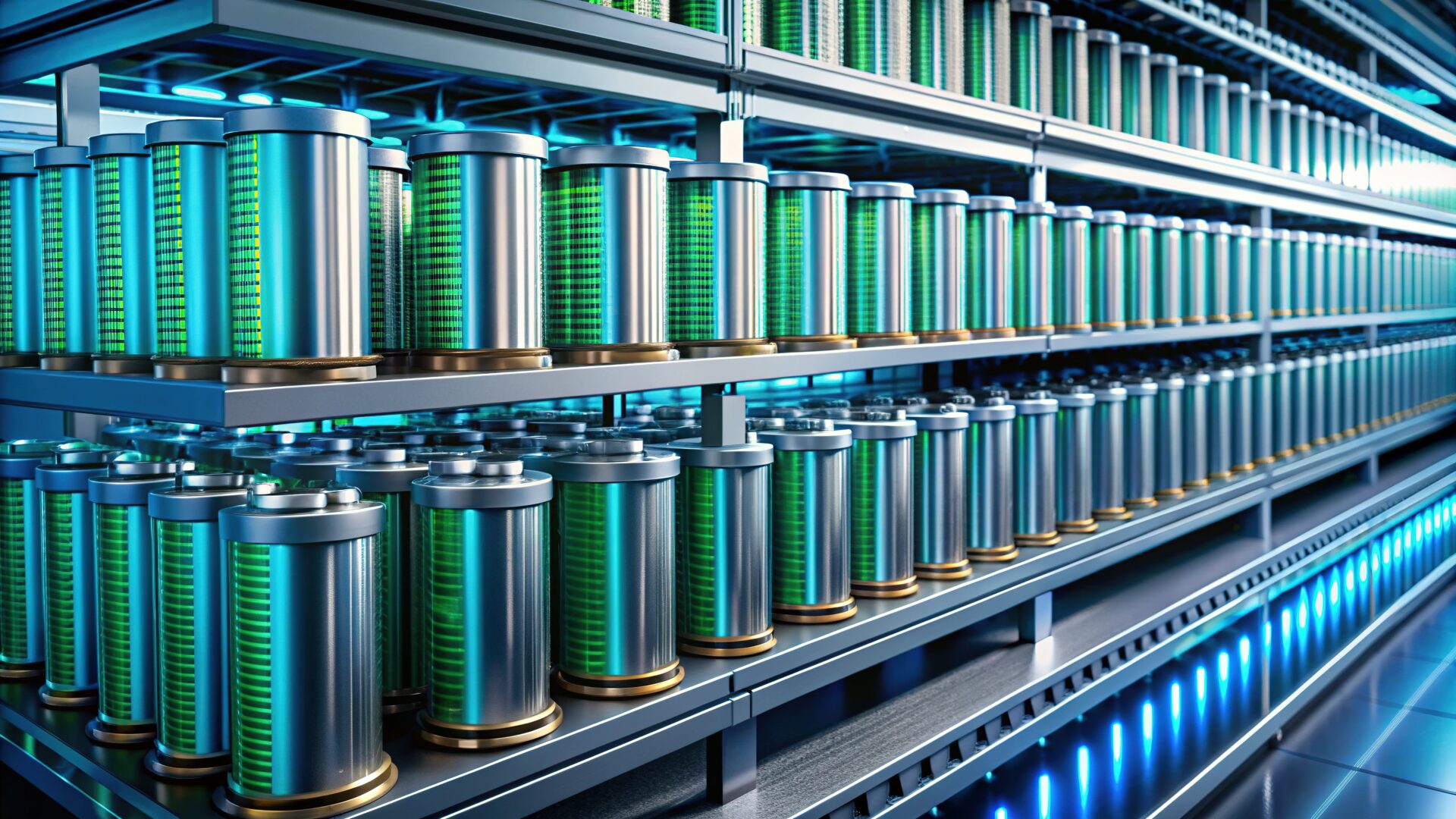 A row of shelves with many green cans on them.